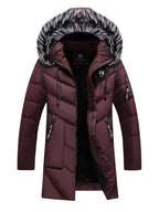 Men's plus size longline padded winter coat with faux fur hood, Shopimist, shown with quilted design and cozy collar.