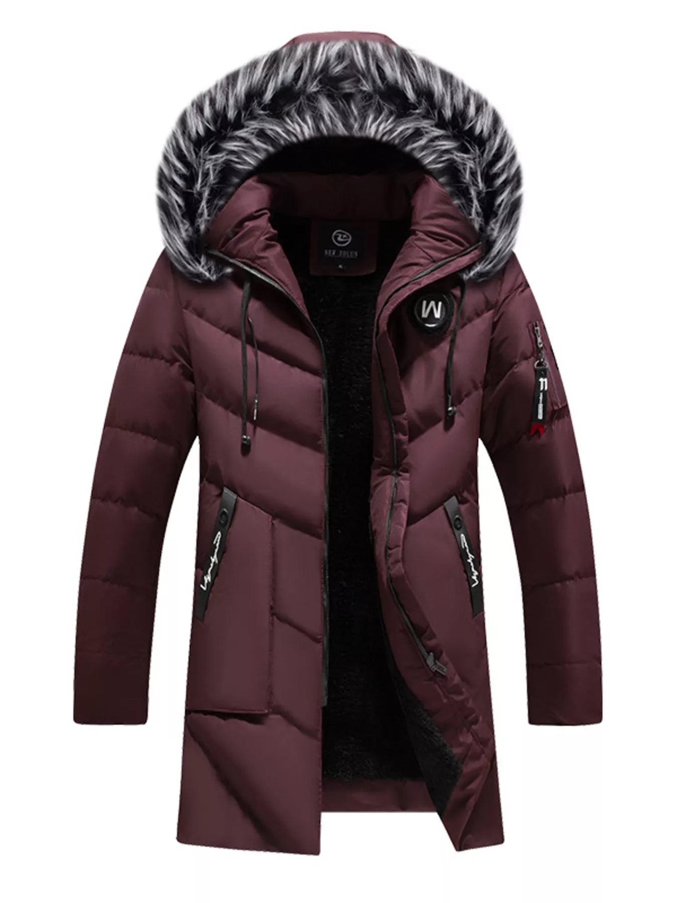 Men's plus size longline padded winter coat with faux fur hood, Shopimist, shown with quilted design and cozy collar.