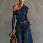 Asymmetrical shoulder long sleeve belted A-line maxi dress by FitiqueFit, featuring a stylish and elegant design.