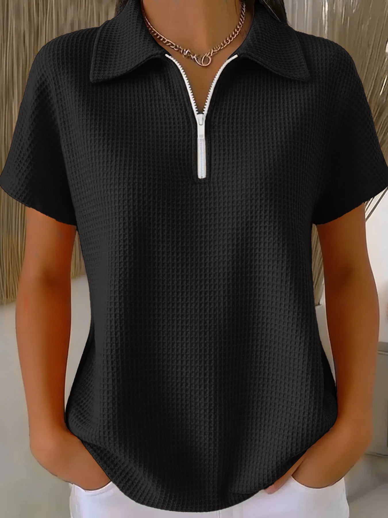 FitiqueFit drop shoulder waffle knit top with half-zip, 3/4 sleeves, casual pullover in soft textured fabric.