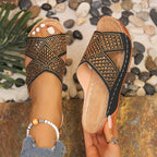 Women's rhinestone open toe wedge sandals by Trendsi with comfortable mid-heel and sparkling embellishments, perfect for stylish summer wear.