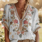 Women's artistic retro V-neck short-sleeve top with 3D print design, casualwear by FitiqueFit.