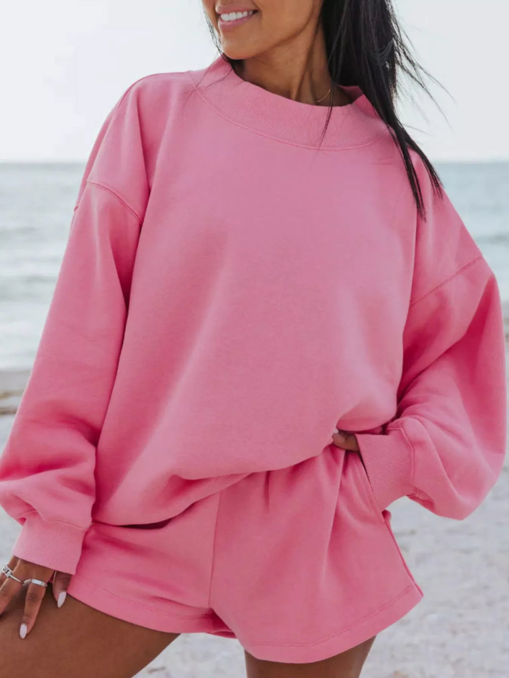 Soft beige relaxed fit round neck sweatshirt and matching shorts set from Plush Fashion Hub, casual loungewear for comfort.