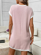 Contrast trim ribbed knit mini dress with functional pocket, featuring a fitted silhouette and stylish design from Trendsi.