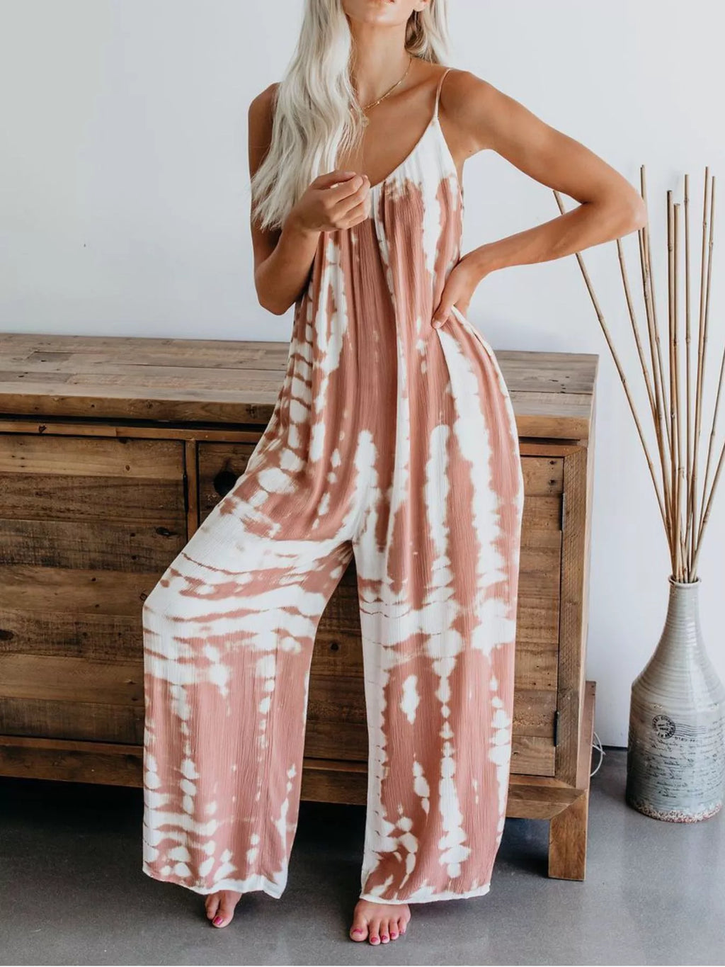 Plus size Shopimist tie-dye wide-leg jumpsuit, full-length with adjustable straps and vibrant colorful pattern.