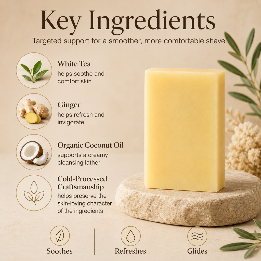 White Tea + Ginger shave bar soap by Timeless Organics Skin Care, featuring a rectangular white soap bar with textured surface.