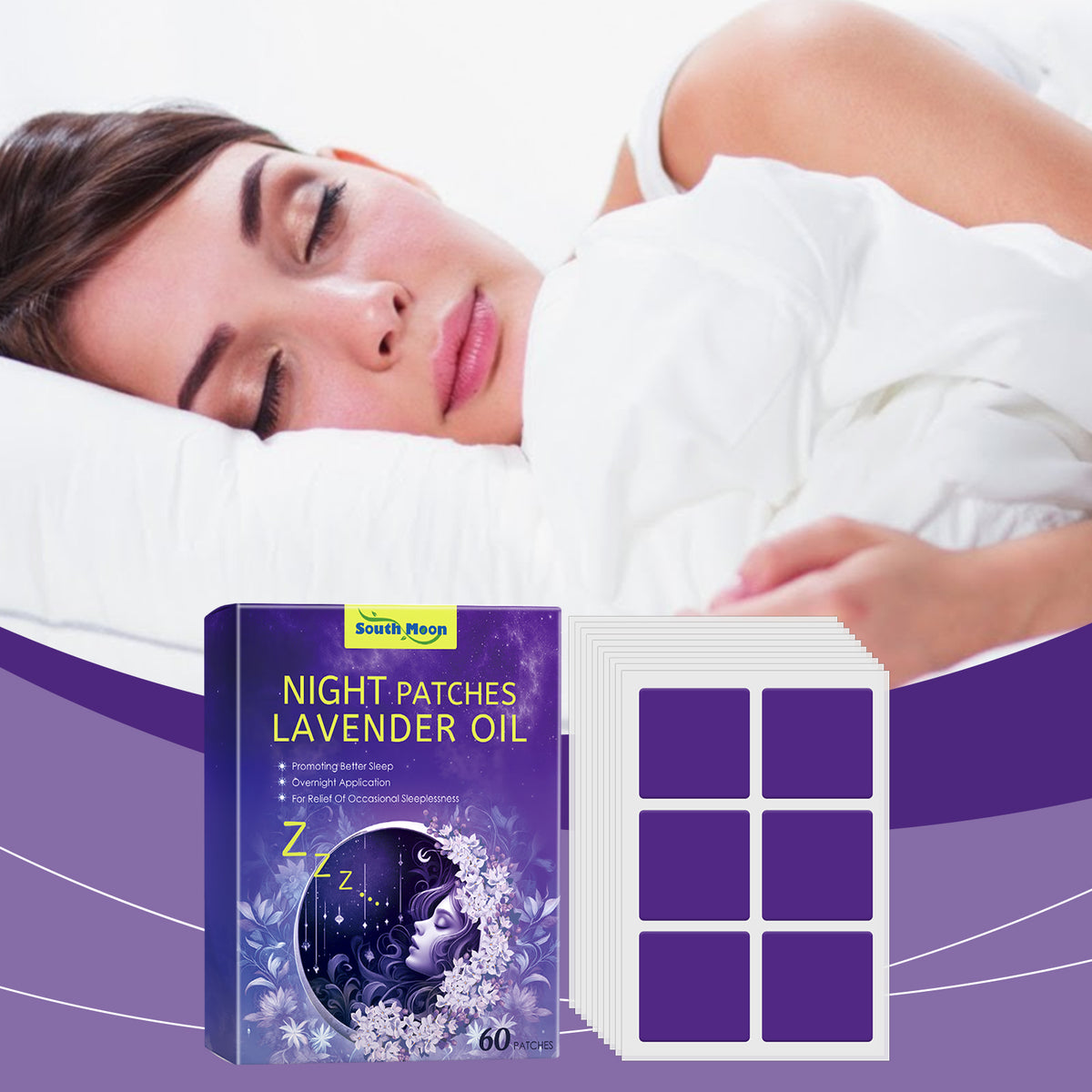 Purple South Moon lavender oil night patches box with 6 square patches, next to a sleeping woman.