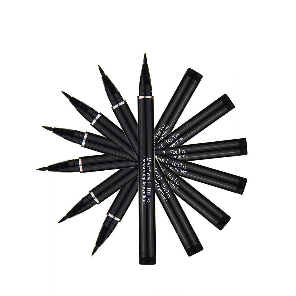 Ten black plastic liquid eyeliner pens with white text, arranged in a circular starburst pattern.