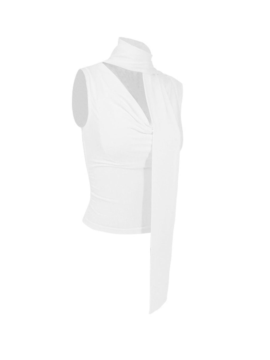 Elegant satin-feel sleeveless blouse with cowl neck and ruched design, perfect for versatile fashion looks.