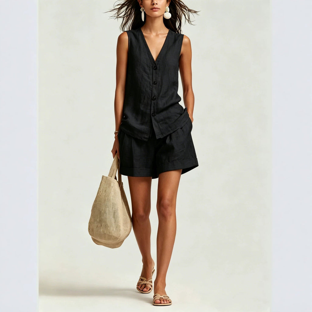 Women’s sleeveless vest top and shorts two-piece set by FitiqueFit, featuring a stylish, comfortable matching outfit.