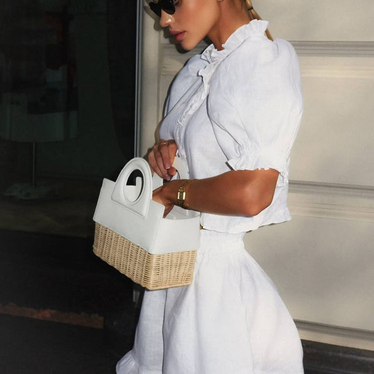Women's linen-blend cropped blouse and shorts set by FitiqueFit, featuring ruffled details and a stylish, casual summer look.