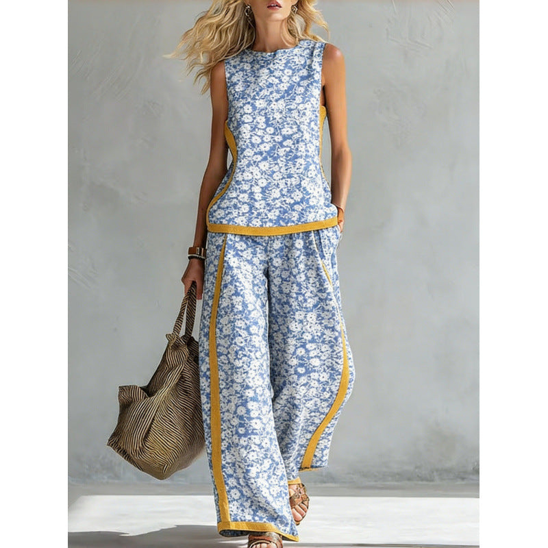 Printed retro sleeveless top and wide-leg pants set from Plush Fashion Hub, featuring vibrant 12 print options in plus sizes.