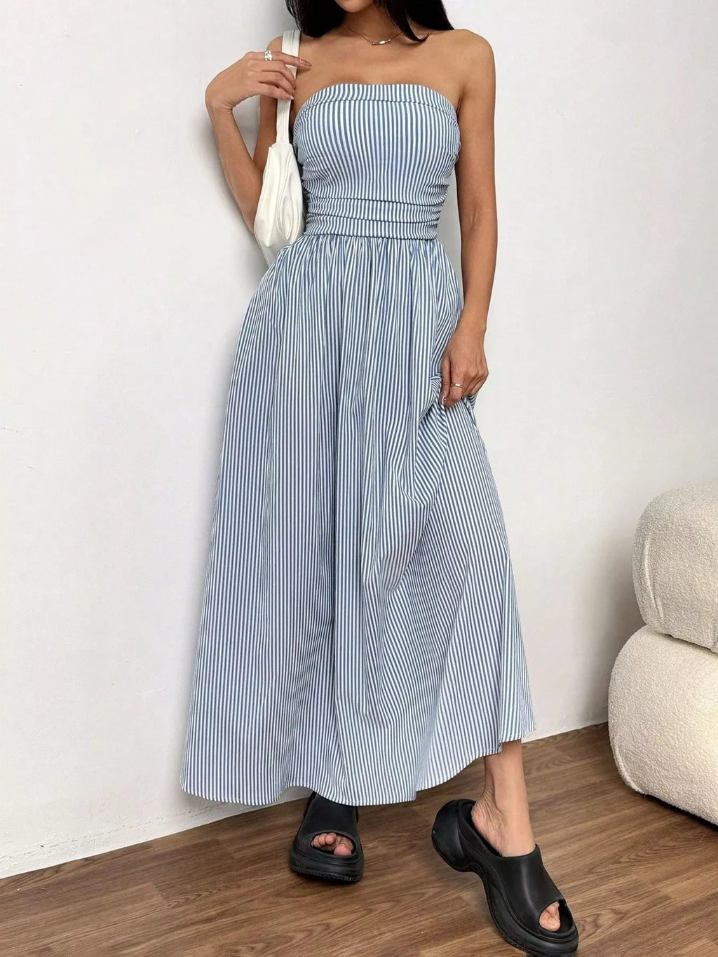 Striped strapless casual maxi dress by Simply Love featuring a flowy silhouette and bold horizontal stripe pattern.