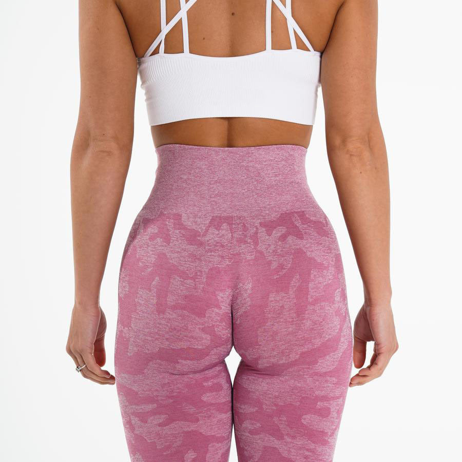 Snowflake camouflage high-waisted seamless yoga pants by FitiqueFit, showing the stylish pattern and comfortable fit for activewear.