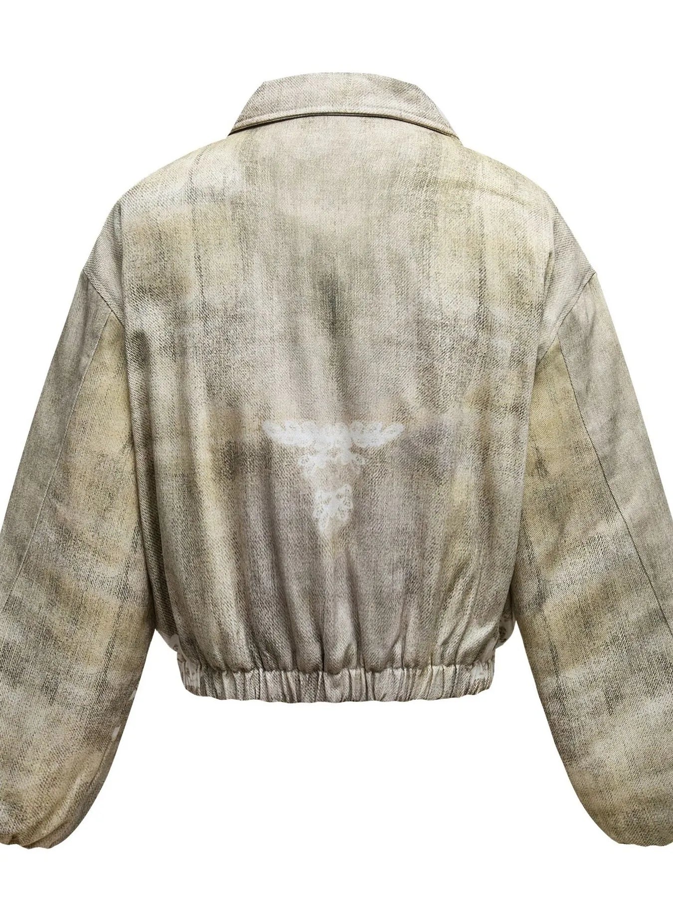 Men's distressed paint splatter zip-up jacket, trendy outerwear by Trendsi featuring a casual, artistic design with distressed fabric details.