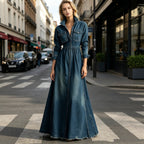 Women's Dark Blue Denim Shirt Collar Button-Down High Waist Maxi Dress