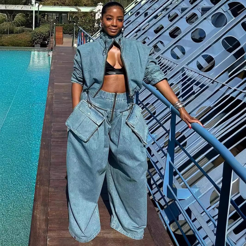Fashion Retro Short Jacket and Long Pants Workwear Wide Leg Loose Heavyweight Denim Two-Piece Set Women's Clothing