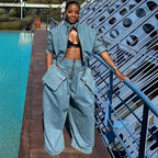 Fashion Retro Short Jacket and Long Pants Workwear Wide Leg Loose Heavyweight Denim Two-Piece Set Women's Clothing