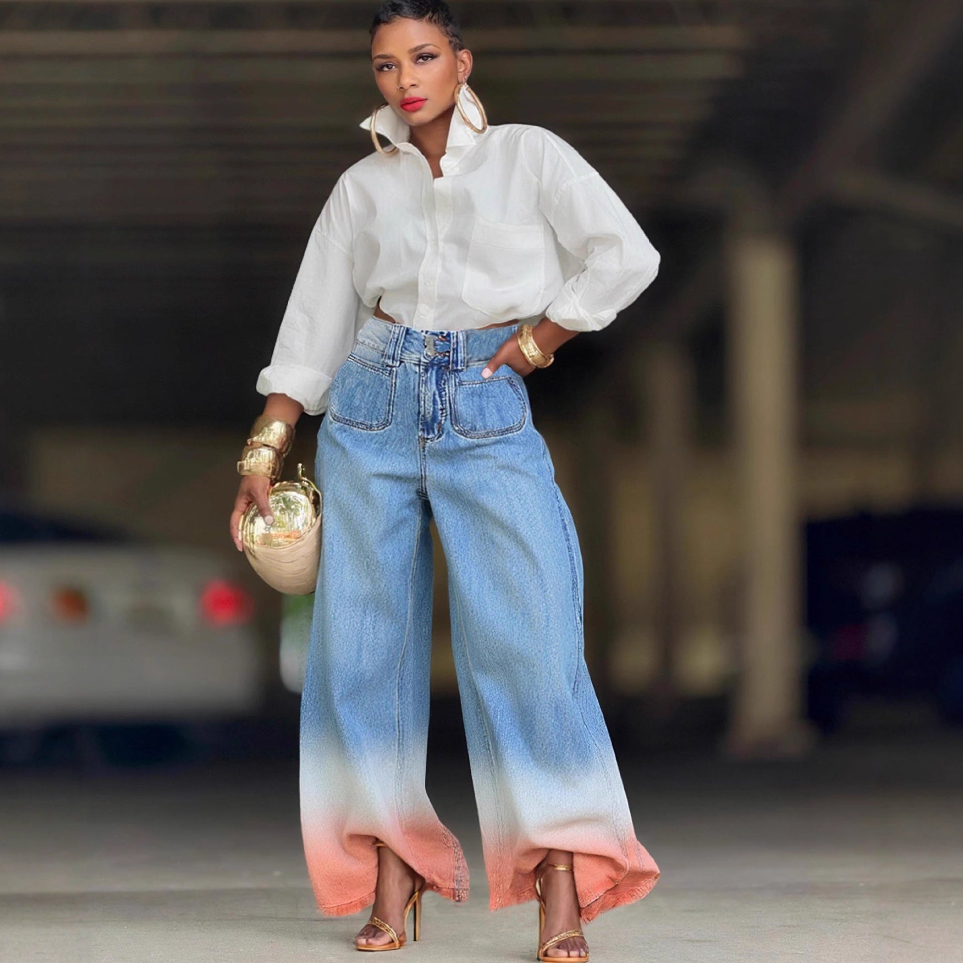 Gradient High-Waisted Patch Pocket Jeans