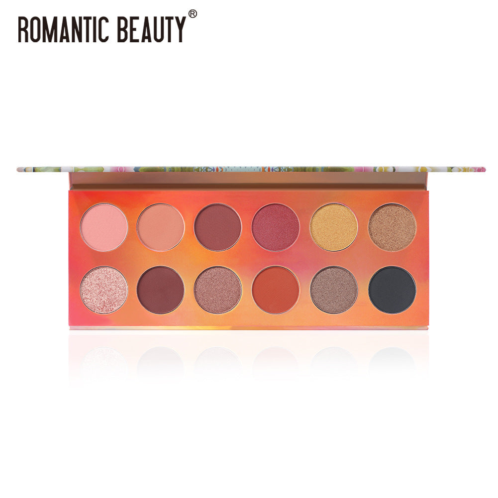 Romantic Beauty eyeshadow palette featuring 12 circular pans with various matte and shimmer shades.