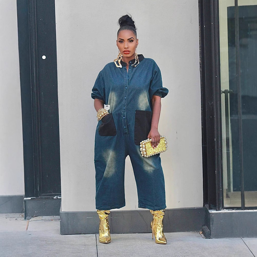 Color-block patchwork denim wide-leg jumpsuit by Plush Fashion Hub, featuring vibrant color panels and a relaxed fit.