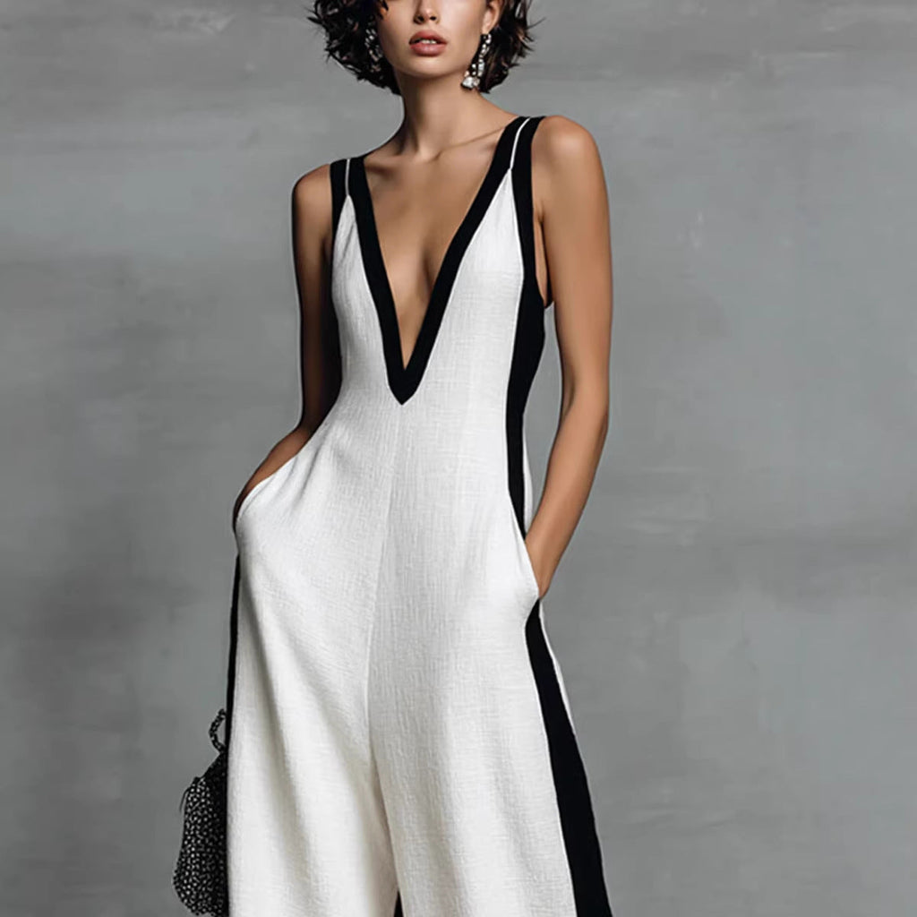 Women's color-block sleeveless V-neck wide-leg jumpsuit in casualwear style by Plush Fashion Hub, featuring long pants and a stylish silhouette.