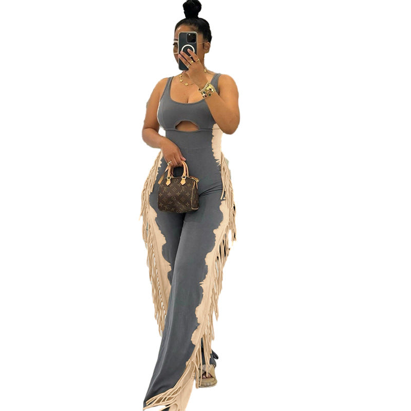 Plush Fashion Hub sleeveless tassel jumpsuit with playful design, featuring a stylish playsuit with tassel details and comfortable fit.