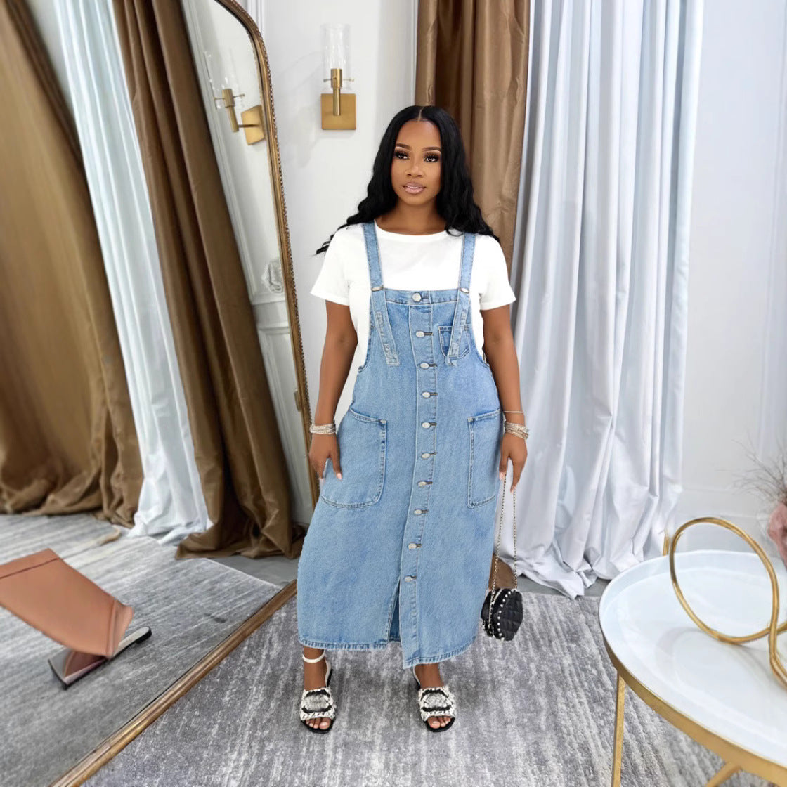 Women’s sleeveless denim overall dress with single button closure, casual style from Plush Fashion Hub.