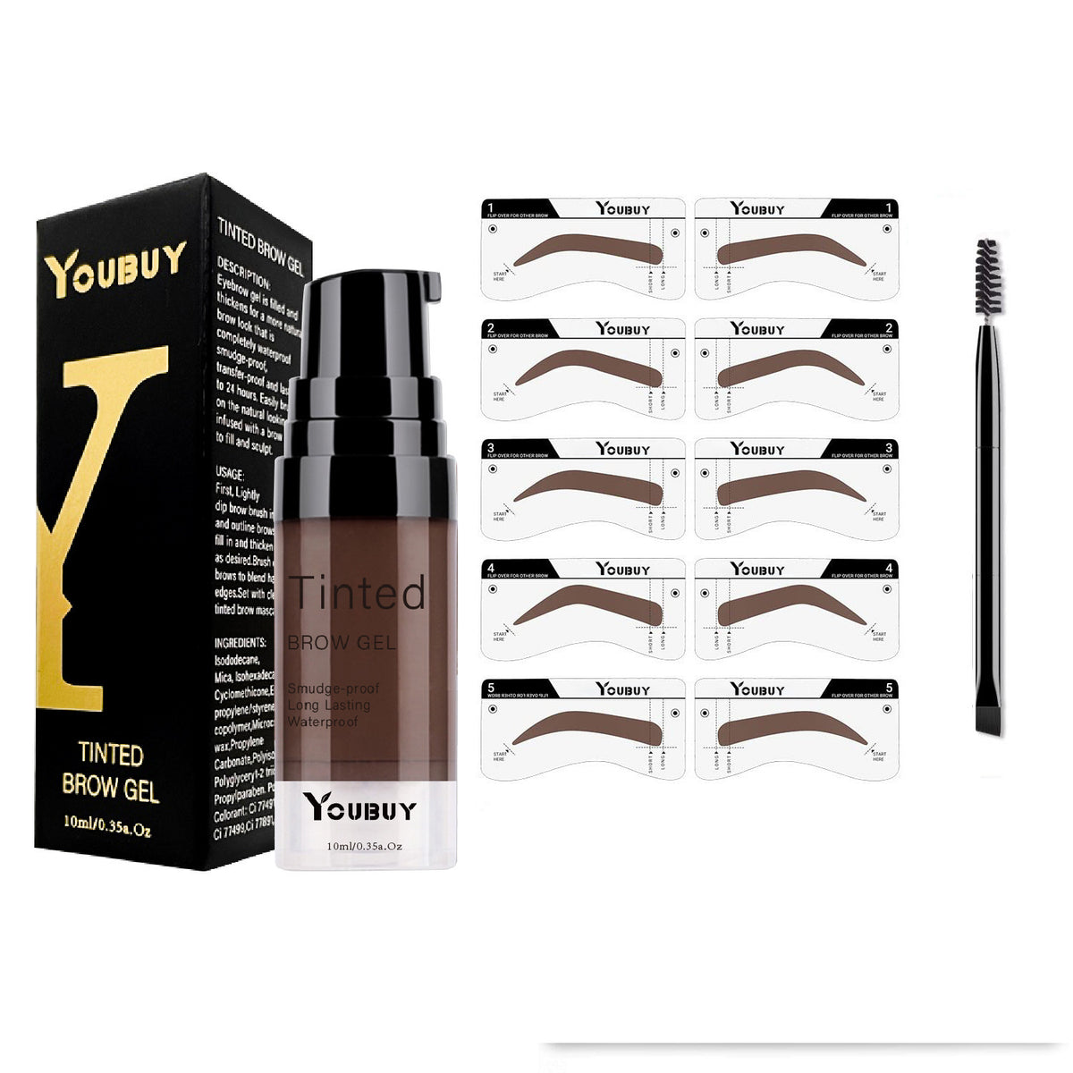 Youbuy tinted brow gel in a brown plastic bottle with a pump, alongside a box, brow stencils, and brush.