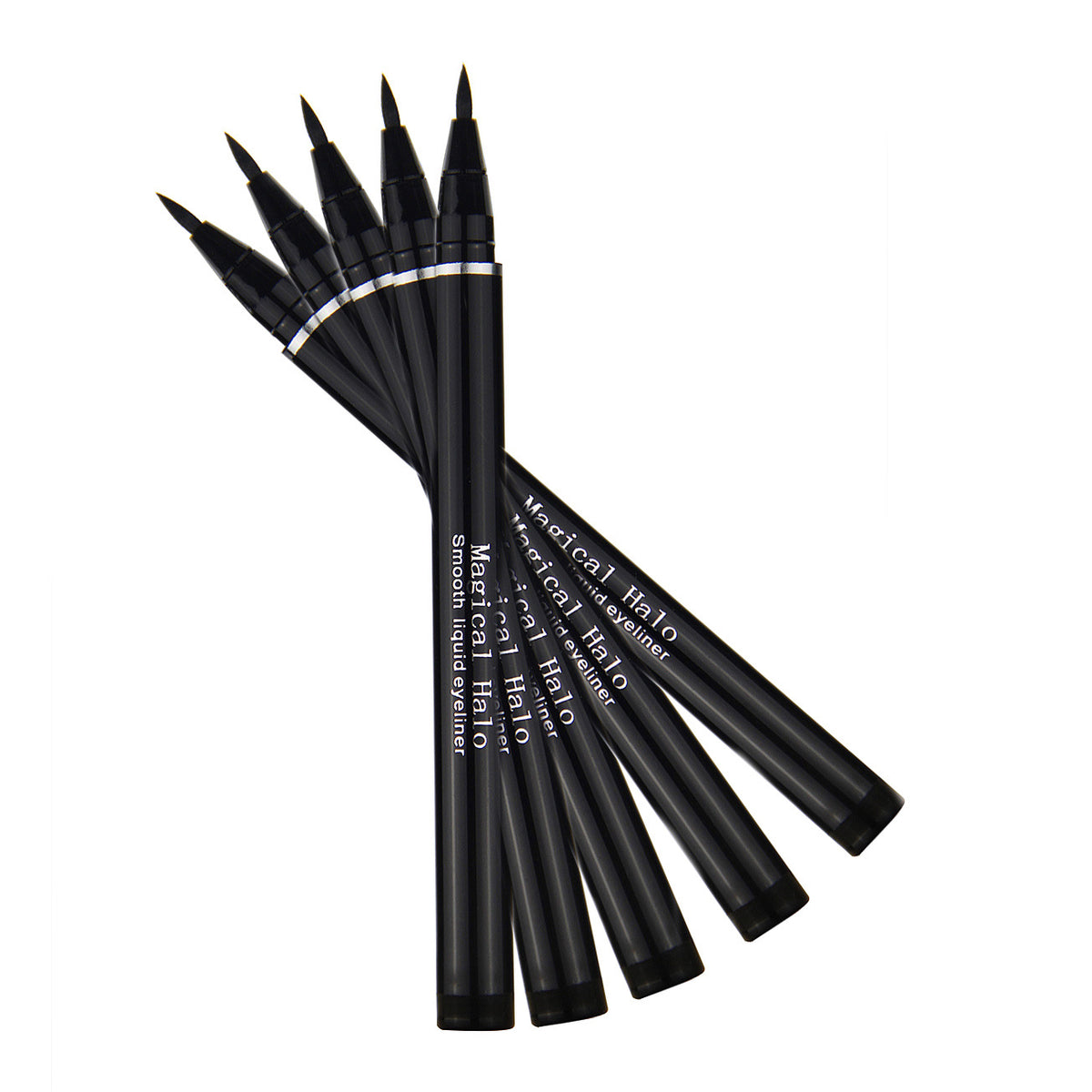 Six glossy black plastic liquid eyeliner pens fanned out, featuring white "Magical Halo" text.