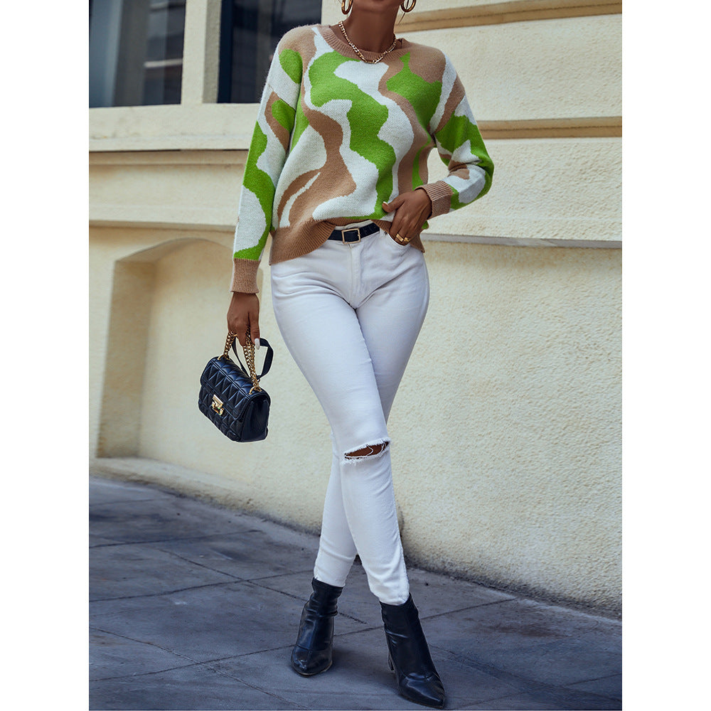 Colorblock women's sweater by eprolo featuring a loose fit crewneck design, perfect for autumn and winter fashion.