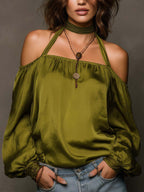 Women's satin halter neck blouse with long sleeves, shoulder-baring top in five colors, by Plush Fashion Hub.