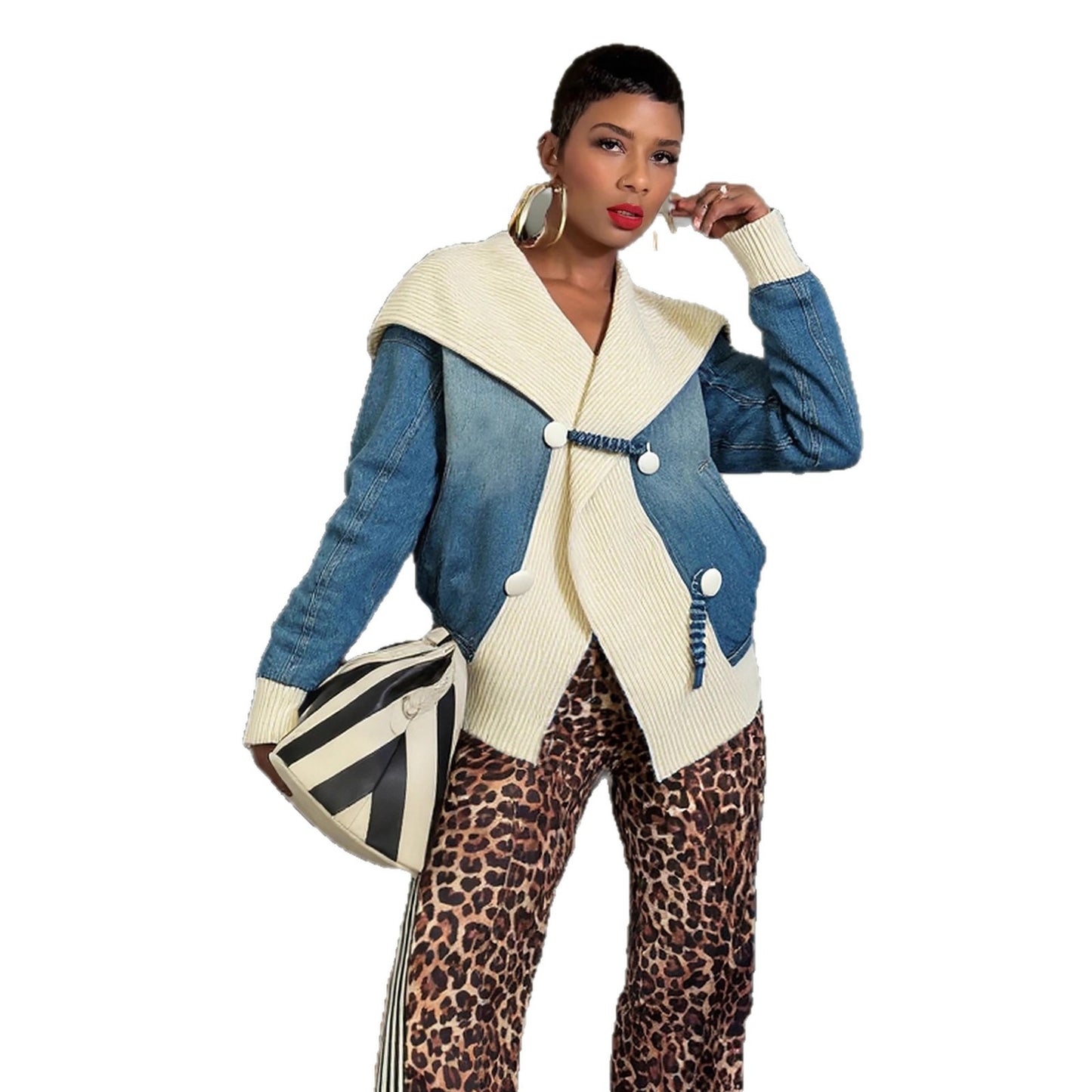Knitted patchwork wide turn-down collar denim jacket by eprolo, featuring stylish patchwork design and classic denim texture.