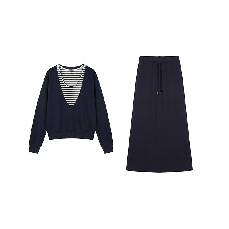 Cozy Chic faux two-piece hoodie and drawstring skirt set by Plush Fashion Hub, featuring soft fabric and casual style.