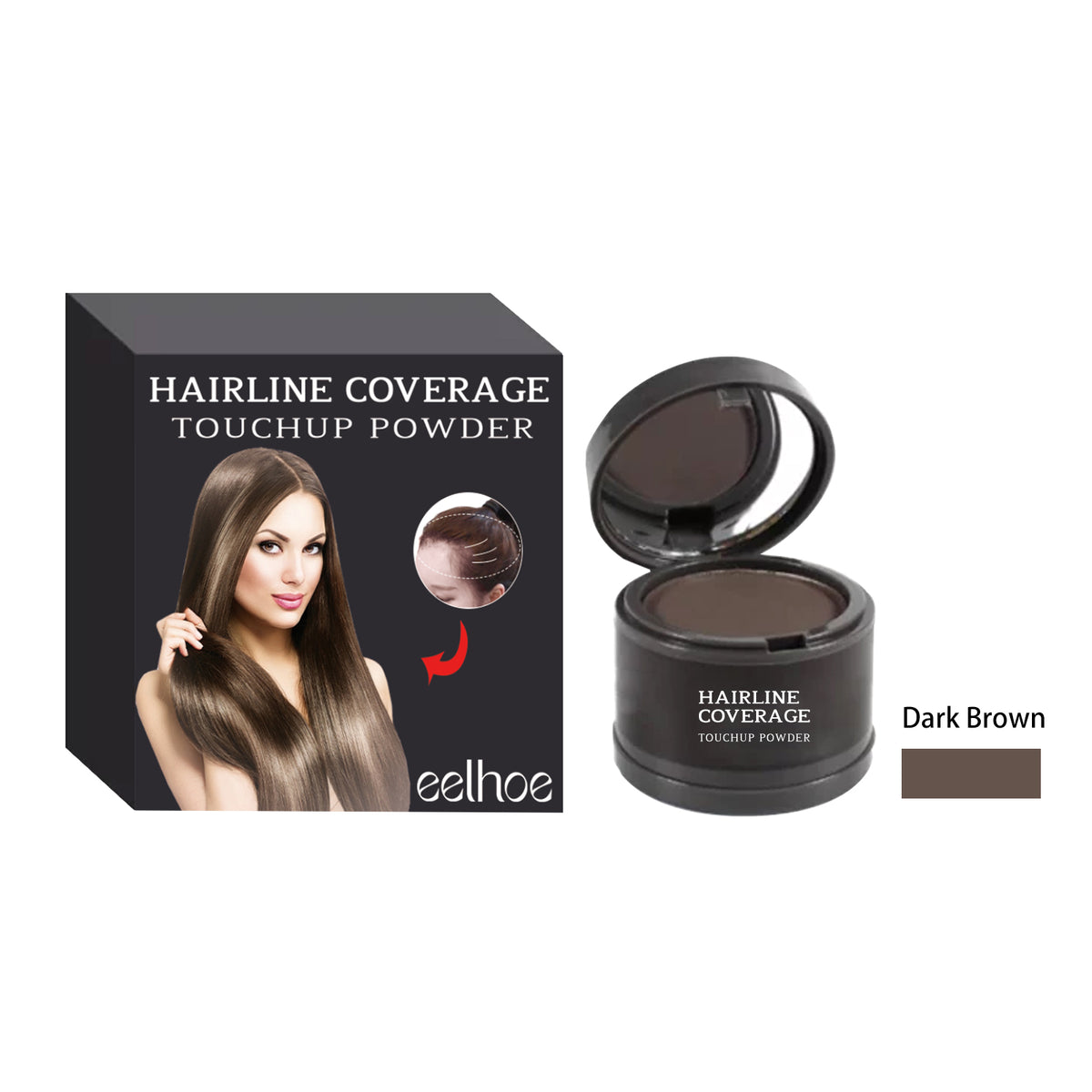 Dark brown hairline touchup powder in a round black plastic compact next to its matching packaging box.