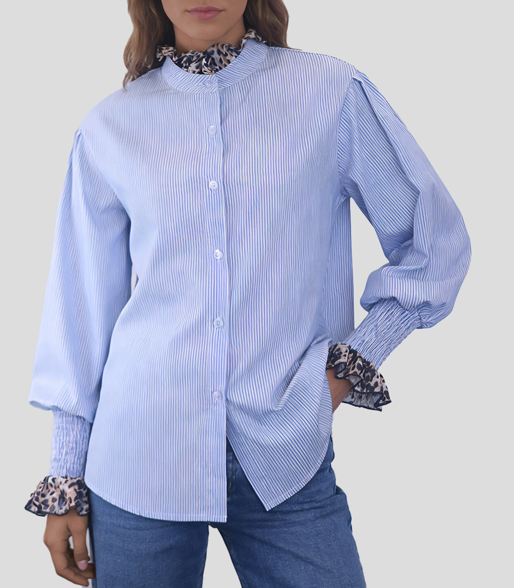Blue and white striped button-down shirt with leopard-print ruffle collar and cuffs.