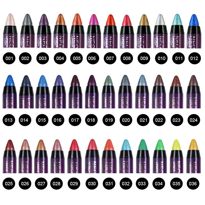 Thirty-six shimmering lip and eye liner pencils in purple plastic with numbered black caps and various metallic shades.