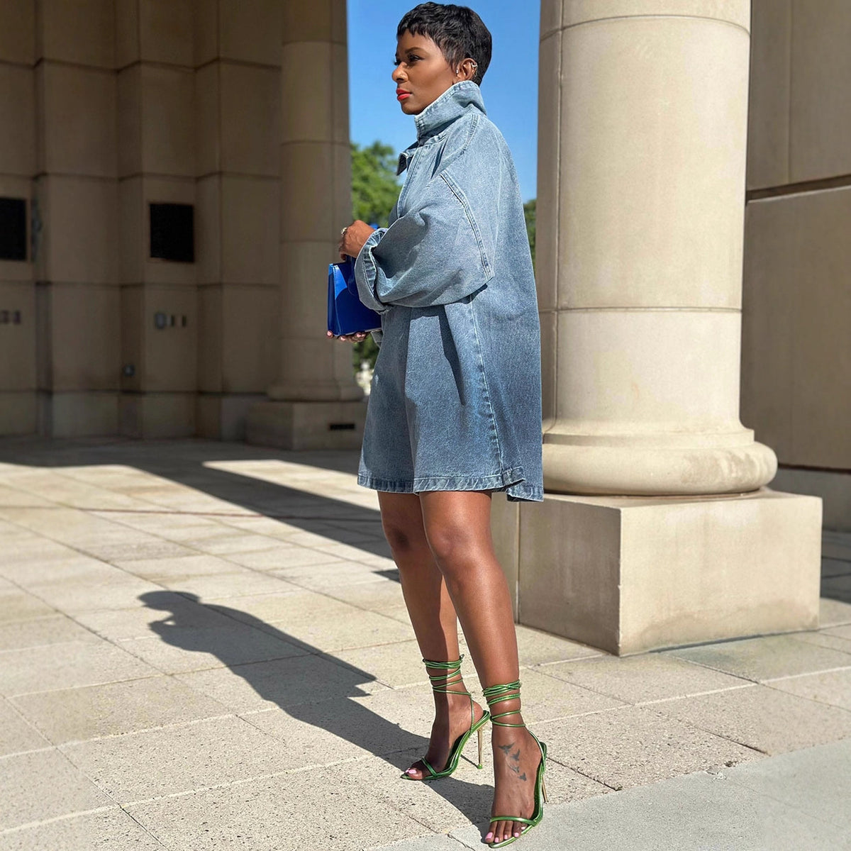 Eprolo women's loose fit denim dress with long sleeves, turn-down collar, and gradient color design.
