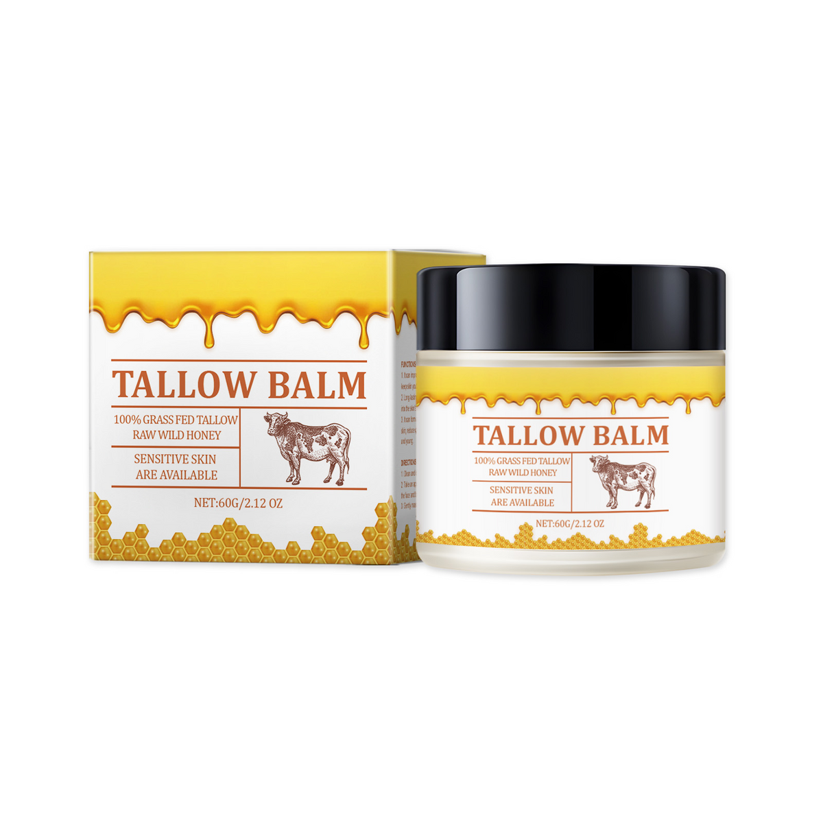 Tallow balm in a jar and box, with white labels featuring a cow illustration, dripping honey, and honeycomb pattern.