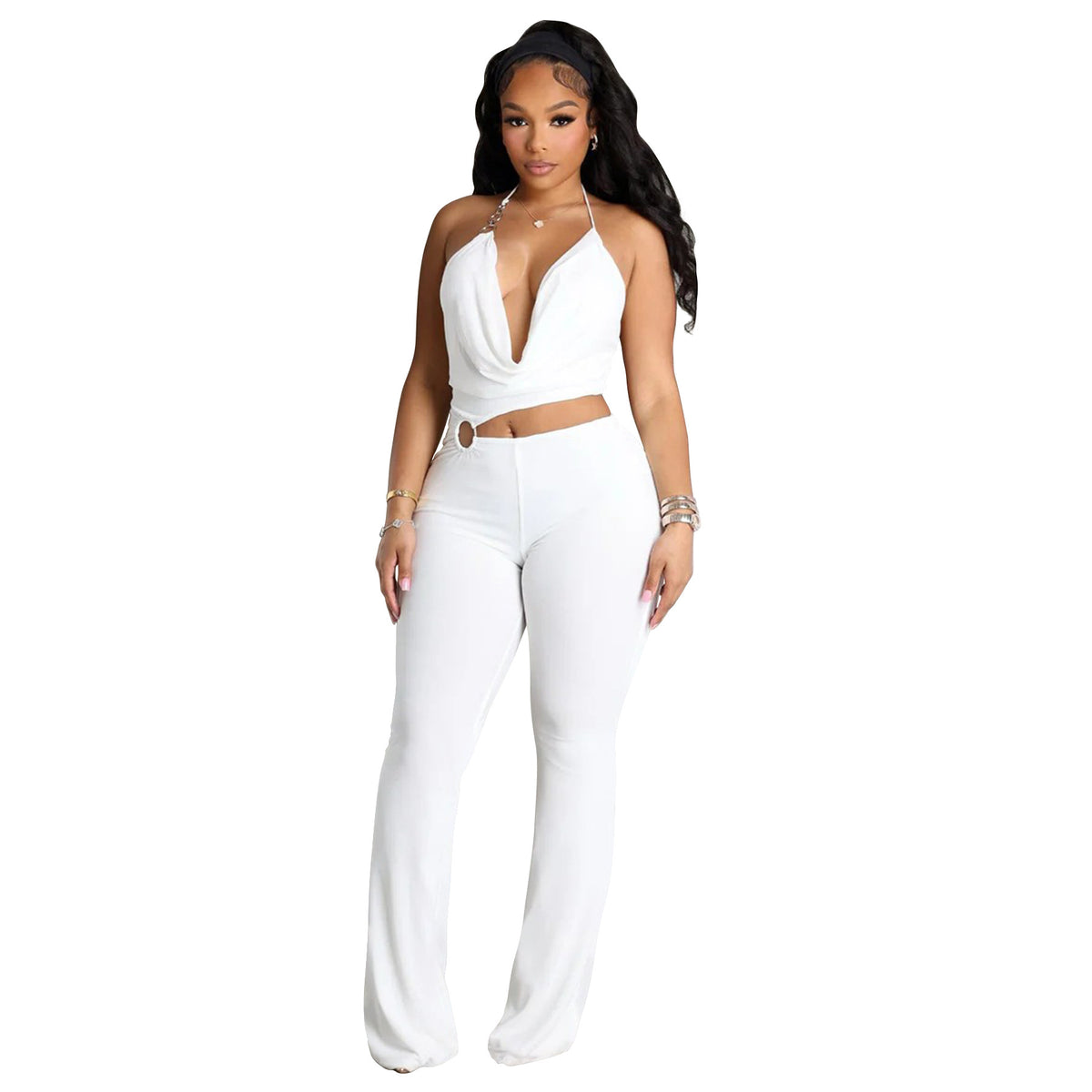 Plush Fashion Hub sleek halter neck cut-out waist jumpsuit, stylish and modern, shown on a model with a fitted silhouette.