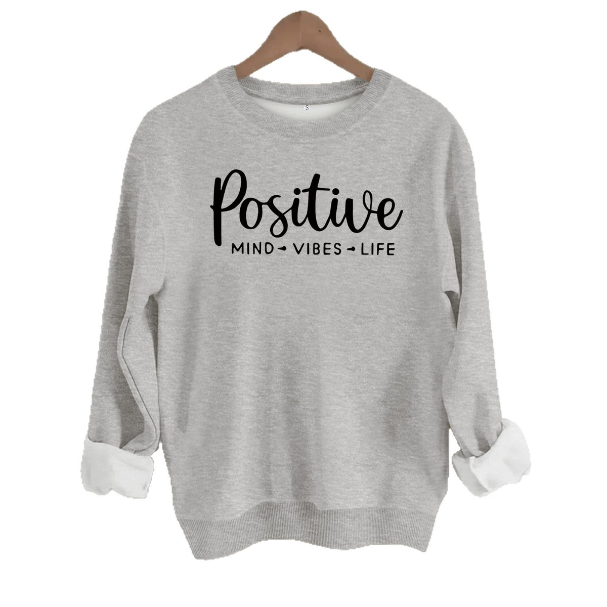 Heather grey fleece crewneck sweatshirt featuring "Positive MIND - VIBES - LIFE" text in black.