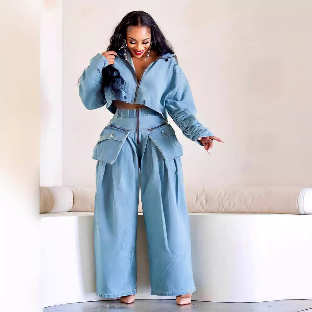 Fashion Retro Short Jacket and Long Pants Workwear Wide Leg Loose Heavyweight Denim Two-Piece Set Women's Clothing
