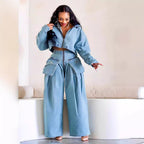 Fashion Retro Short Jacket and Long Pants Workwear Wide Leg Loose Heavyweight Denim Two-Piece Set Women's Clothing