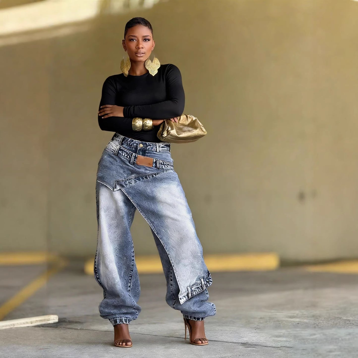 Deconstructed patchwork layered washed denim pants by Plush Fashion Hub, showcasing mixed fabric panels and distressed details.