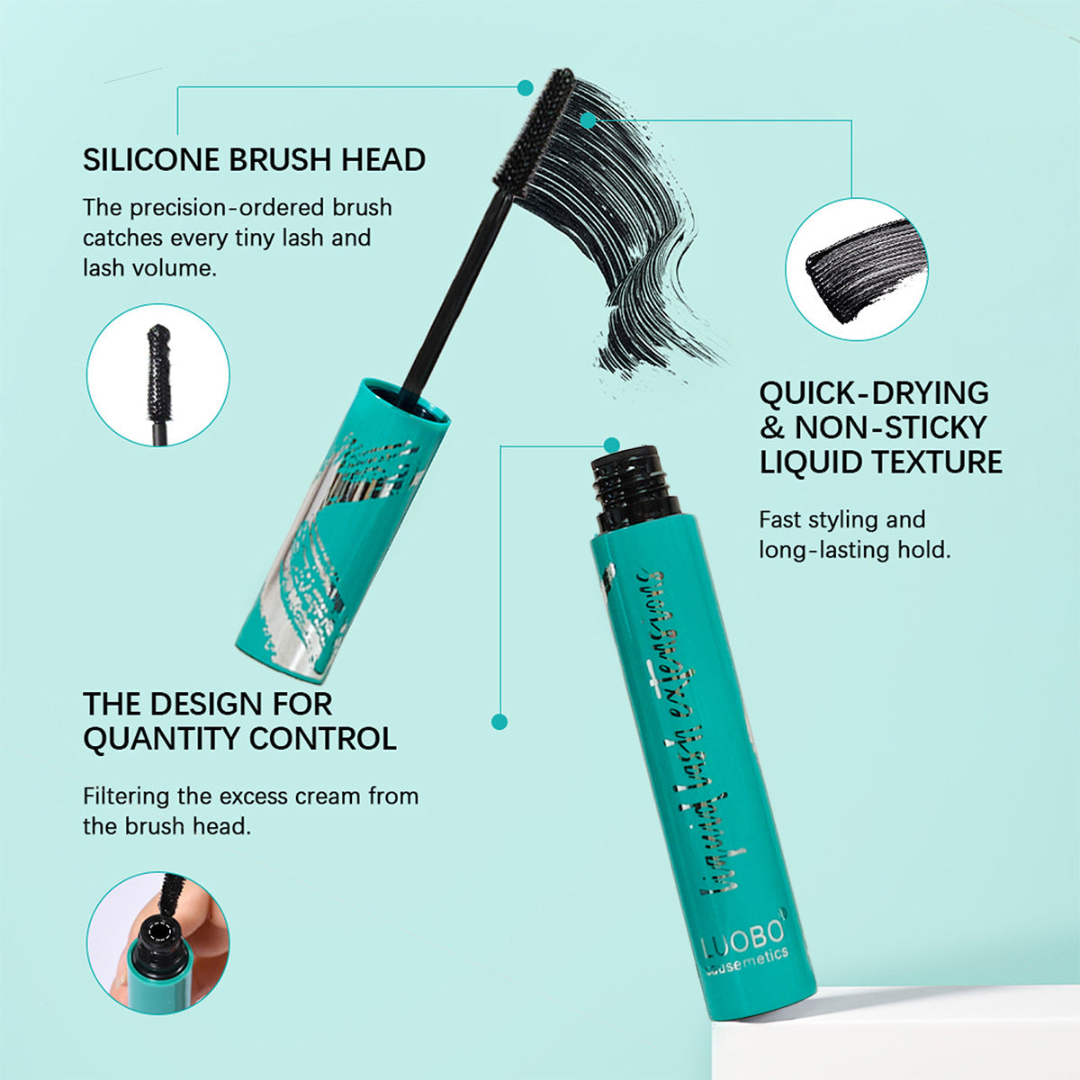 Turquoise mascara tube with silver lettering and brush showing black mascara, and informational text callouts.
