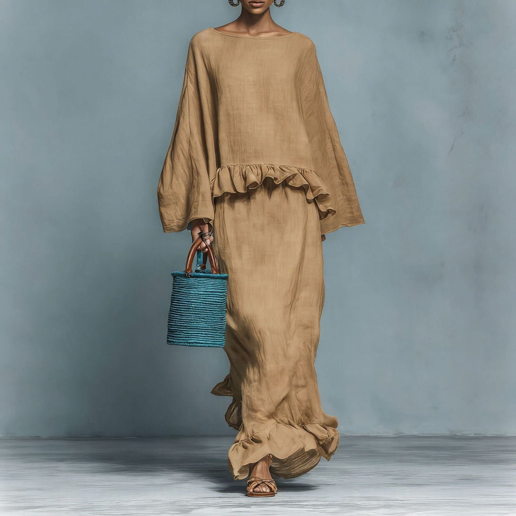 Women's long sleeve top and irregular hem skirt matching set in solid colors, stylish and elegant from Plush Fashion Hub.