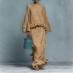 Women's long sleeve top and irregular hem skirt matching set in solid colors, stylish and elegant from Plush Fashion Hub.