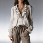 Lotus leaf edge half zipper V-neck lace flared sleeve long sleeved top