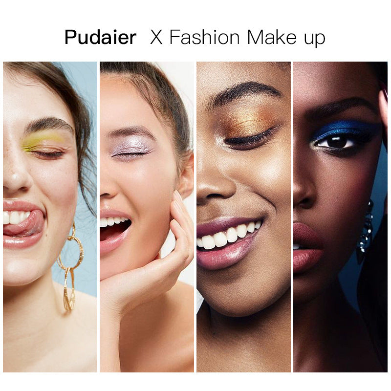 Four close-ups of diverse women wearing colorful eyeshadow and lip gloss, advertising Pudaier makeup.