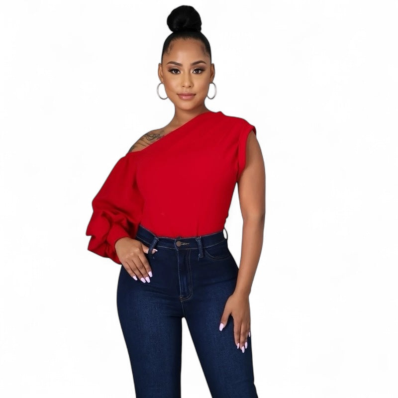 The House of Stylez one shoulder puff sleeve blouse in soft fabric, showcasing a stylish asymmetric design and elegant puff sleeve.